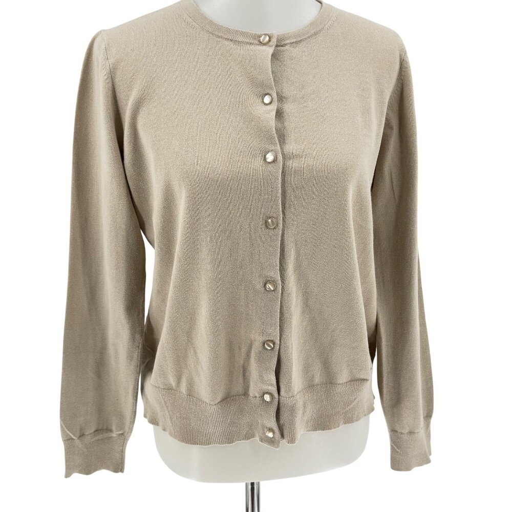 Ann Taylor Factory Womens Beige Button-Front Cardigan Sweater L Cotton/Nylon Ble